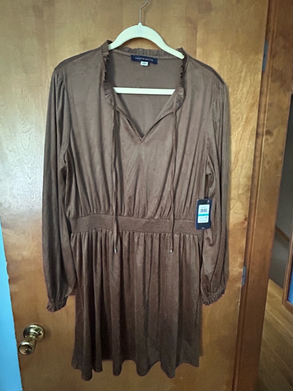 Tommy Hilfiger Chocolate Brown Long-Sleeve Smocked-Waist Dress
